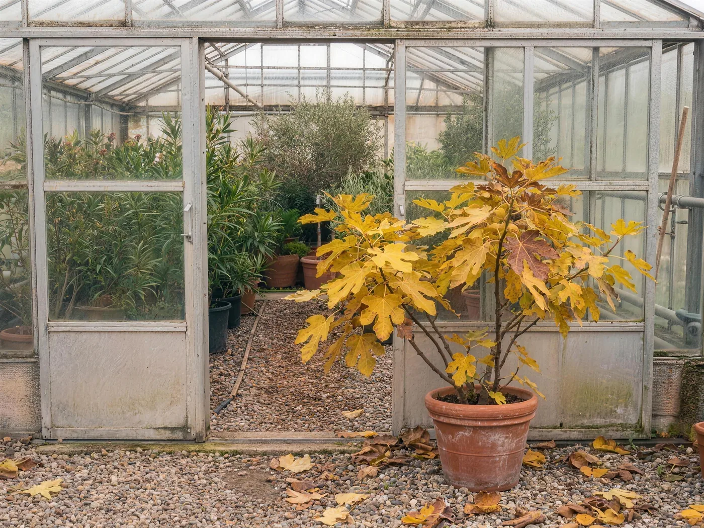 Feigenbaum im Kübel mit goldgelbem Herbstlaub kurz vor dem Einräumen ins Winterquartier-Gewächshaus