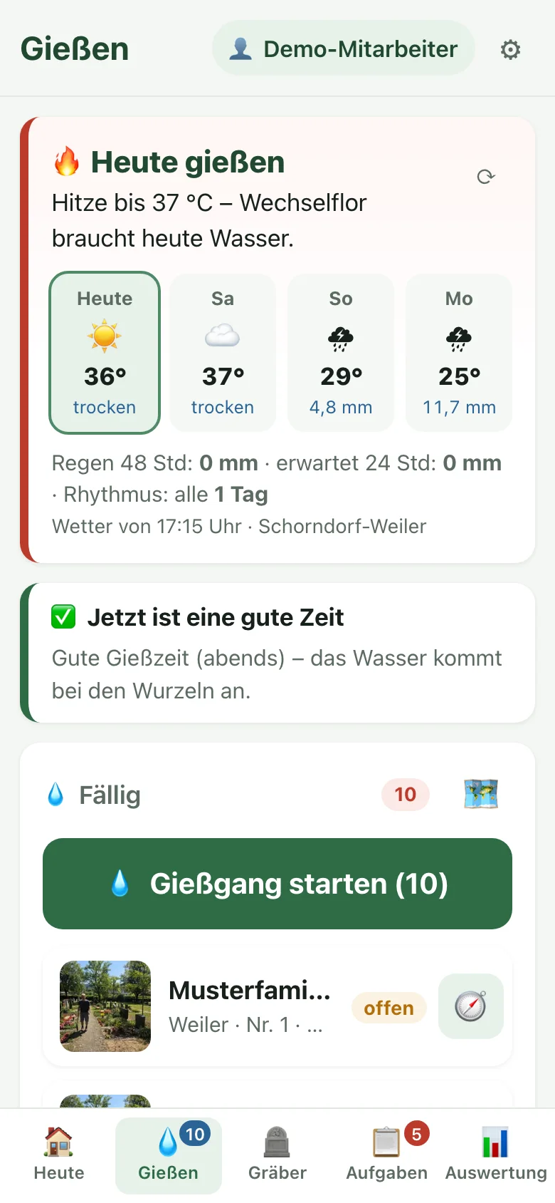 App-Ansicht &bdquo;Gie&szlig;en&ldquo;: Wetterprognose der n&auml;chsten Tage, Regenmenge und die Liste der heute f&auml;lligen Gr&auml;ber.
