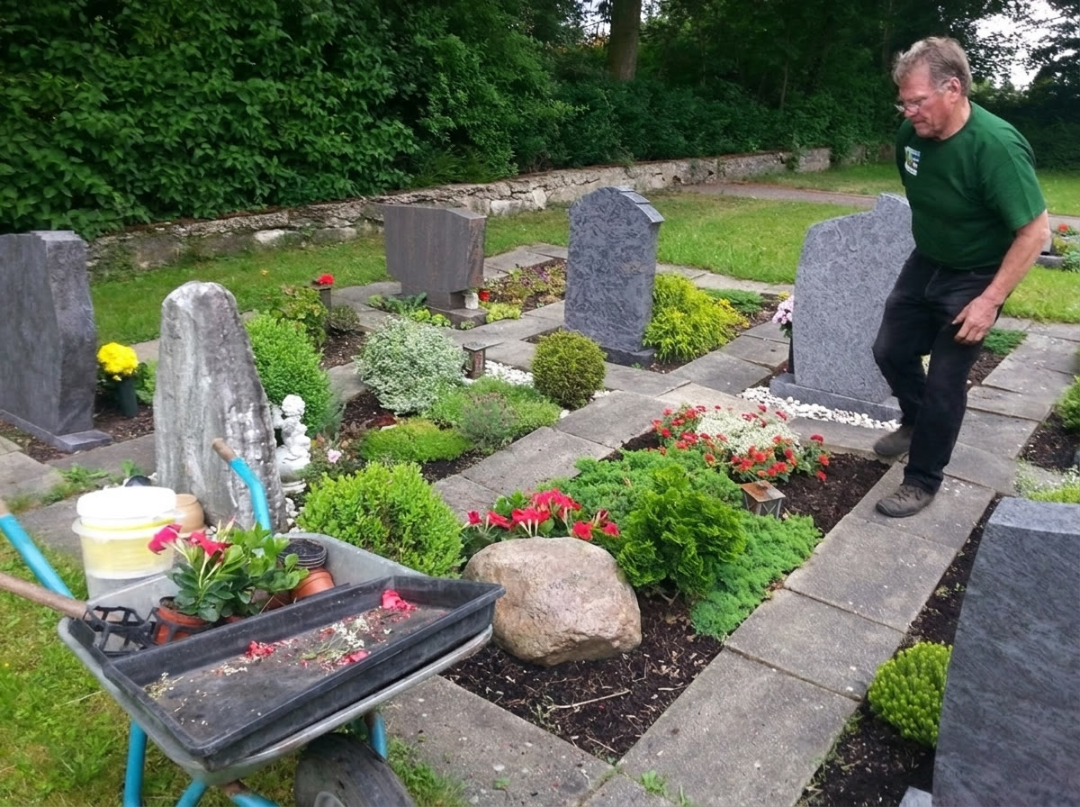 Gärtner der Gärtnerei Schanbacher bei der Bepflanzung eines Grab-Rundbeets mit Schubkarre auf dem Friedhof Weiler