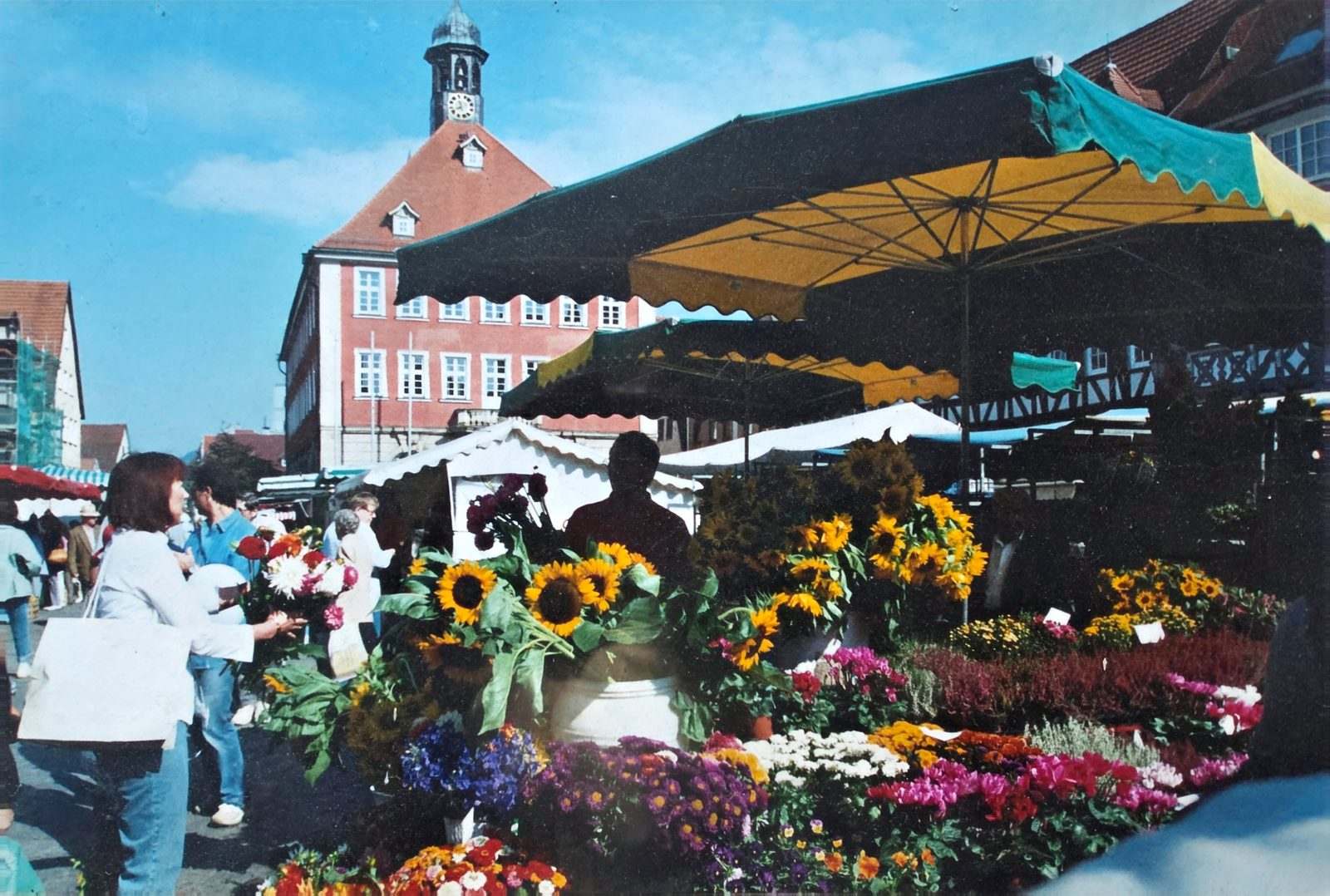Blumenstand der Gärtnerei Schanbacher mit Sonnenblumen und Gladiolen auf dem Wochenmarkt vor dem historischen Rathaus