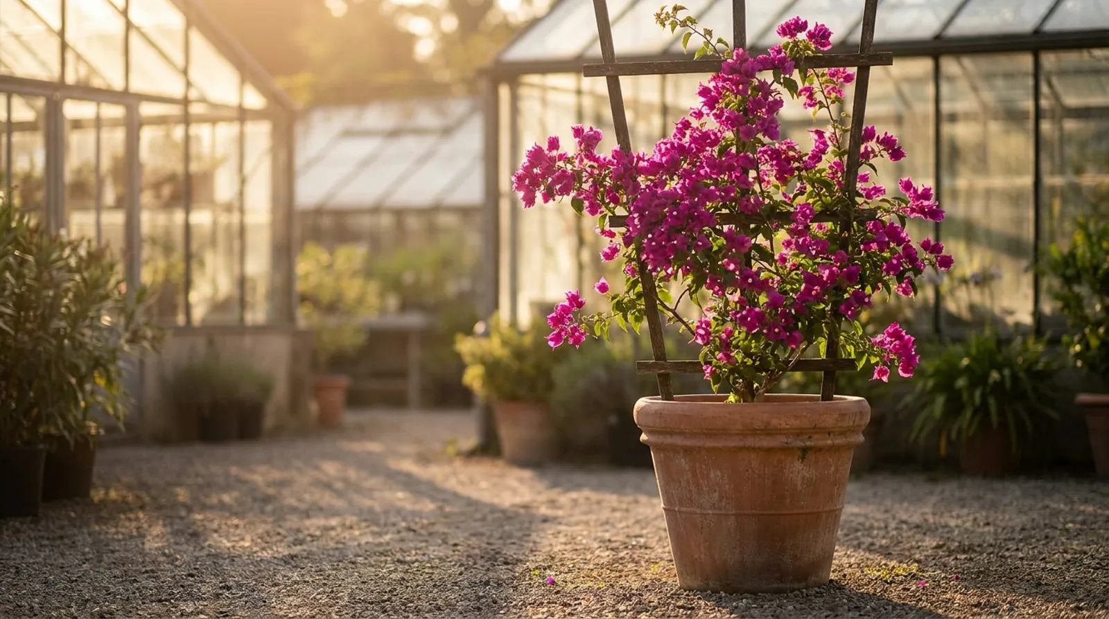 Bougainvillea mit leuchtenden Hochblättern im Terrakotta-Topf im Winterquartier