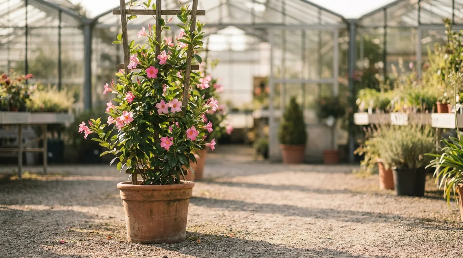 Dipladenia mit trichterförmigen Blüten im goldenen Licht des Winterquartiers