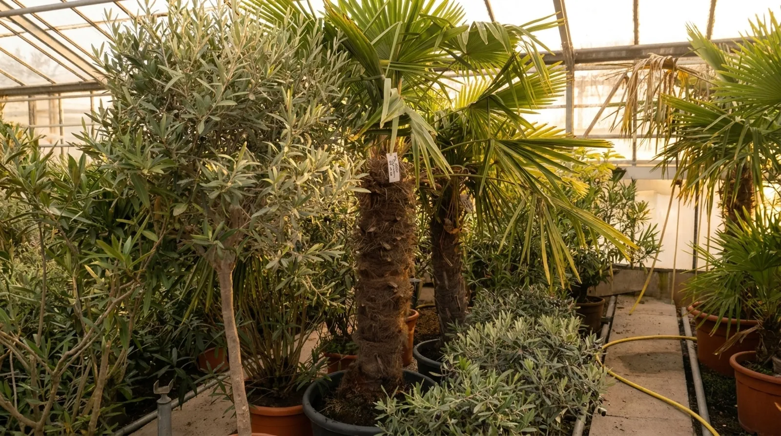 Kübelpalme im Terrakotta-Topf im goldenen Licht des Winterquartiers